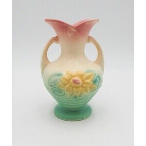 Hull Art Pottery USA Magnolia Double Handled Vase L-2-5 1/2 Pink Yellow Green
